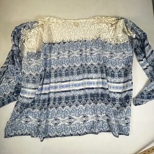 EST 1946 Cream Lace‎ Blue Boho Print Long Sleeve Tunic Top One Size